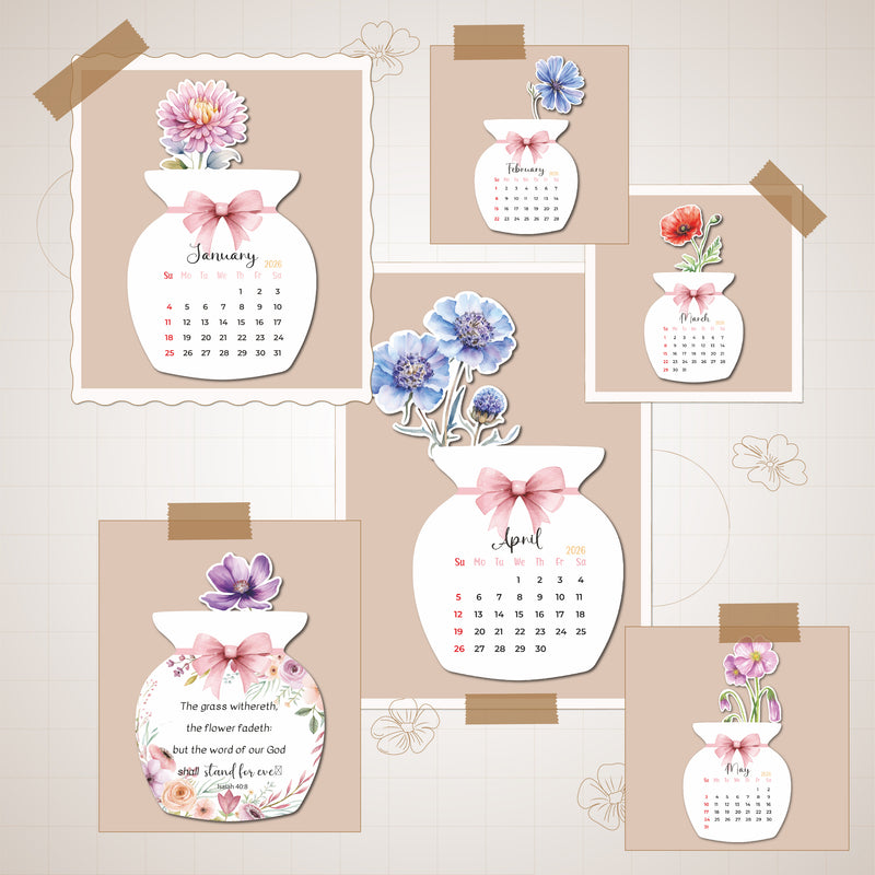 Smaran Flower Pot Calendar 2026 | Decorative Floral Vase Shaped Desk Calendar for Home & Office | 20x27 cm Monthly Desktop Planner with 3D Flowers | Nature Theme Gift Calendar