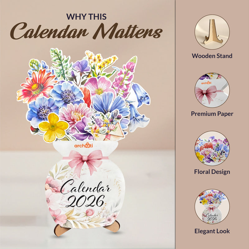 Smaran Flower Pot Calendar 2026 | Decorative Floral Vase Shaped Desk Calendar for Home & Office | 20x27 cm Monthly Desktop Planner with 3D Flowers | Nature Theme Gift Calendar