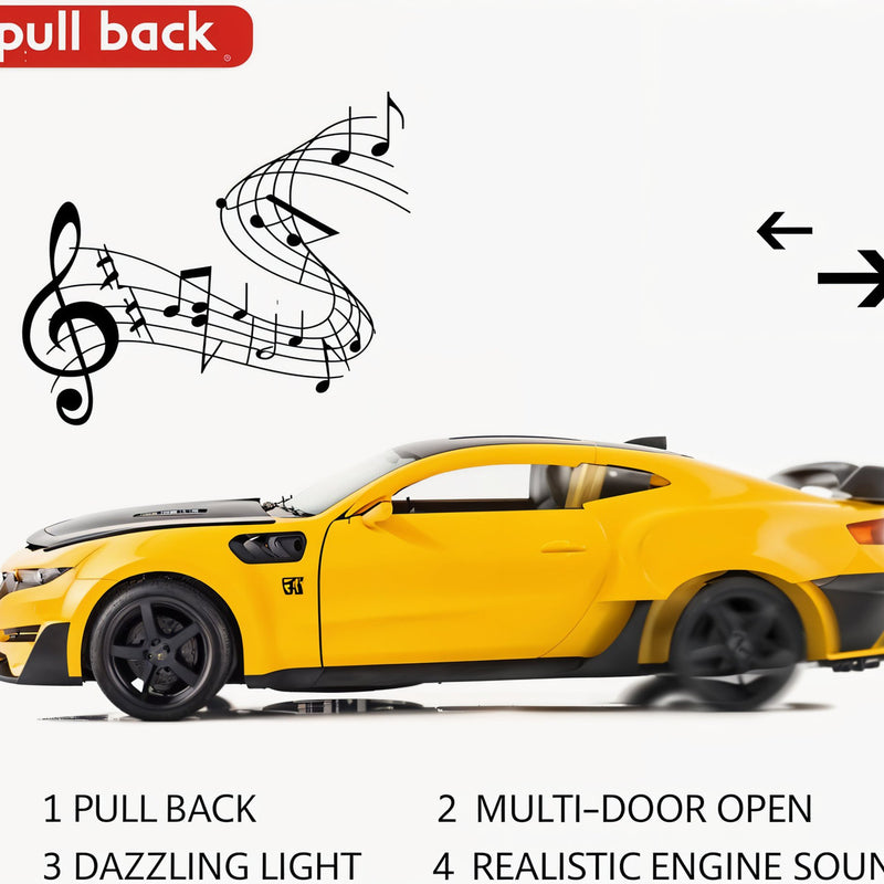 Yellow toy car with musical notes and text indicating features like pull back, multi-door open, dazzling light, and realistic engine sound.