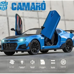 Blue toy car with open doors on a gray background, featuring the 'Camaro' logo.