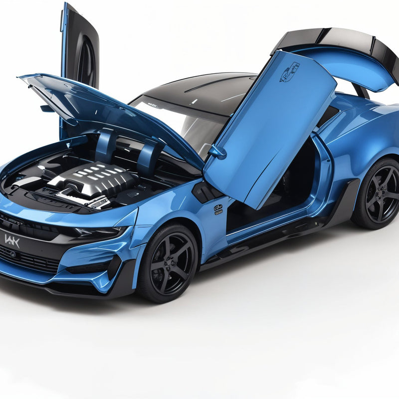 Blue sports car with open doors on a white background