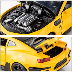 Yellow car with open hood showing engine and rear view on a white background