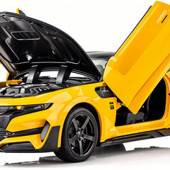 Yellow sports car with open doors on a white background