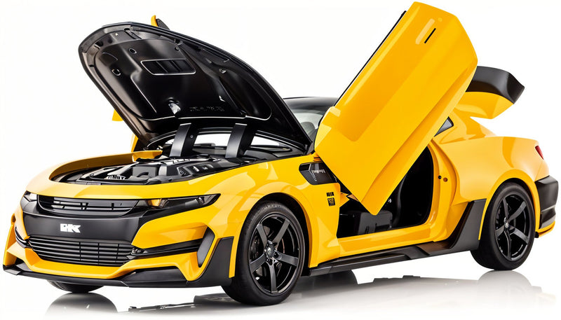 Yellow sports car with open doors on a white background