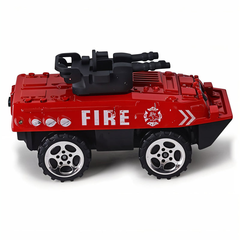 Red toy fire truck with black details on a white background