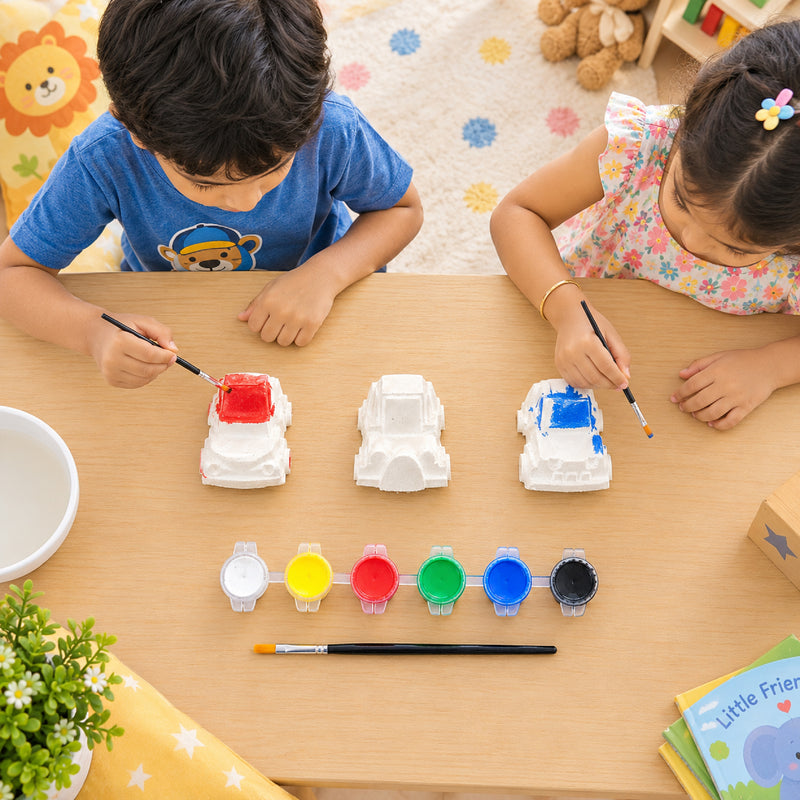 Todfod DIY Car Painting Kit for Kids with 3 White Car Shapes, 6 Paint Colours and Paint Brush