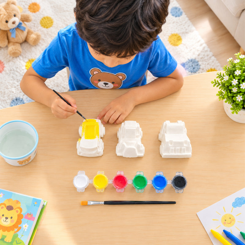 Todfod DIY Car Painting Kit for Kids with 3 White Car Shapes, 6 Paint Colours and Paint Brush