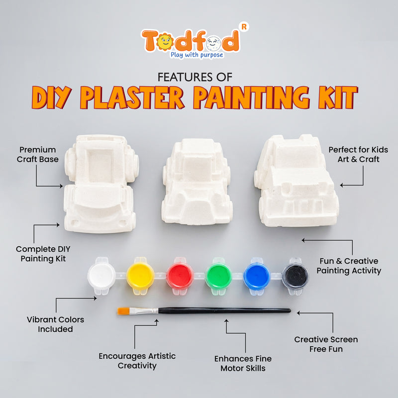 Todfod DIY Car Painting Kit for Kids with 3 White Car Shapes, 6 Paint Colours and Paint Brush