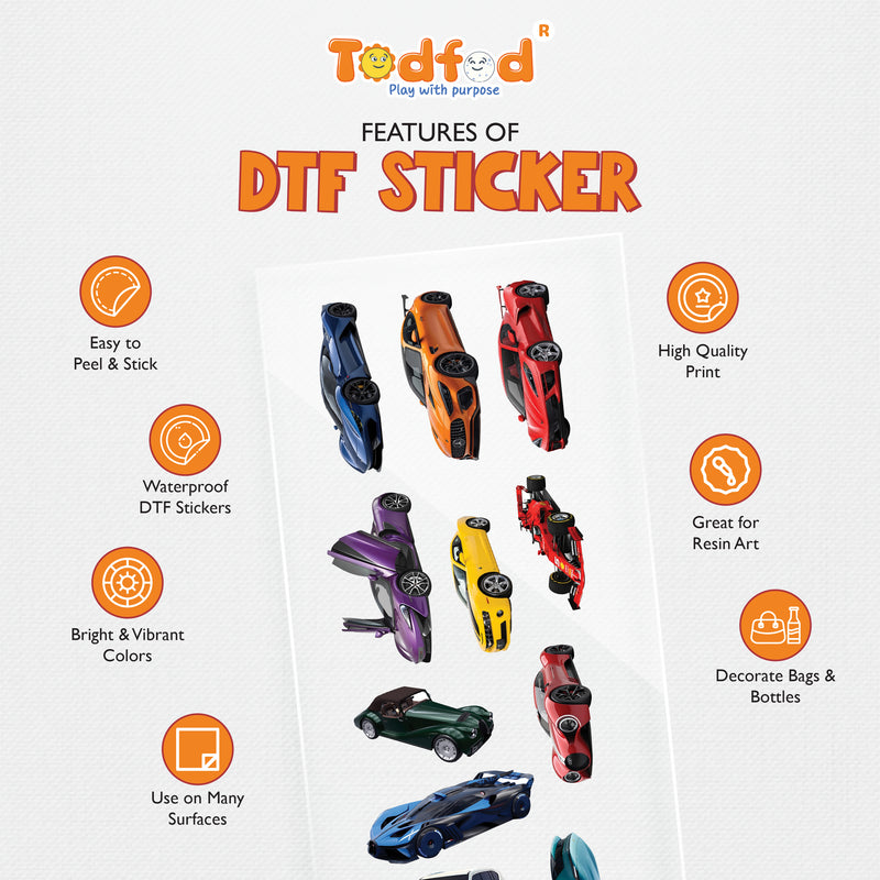 TodFod Car DTF Heat Transfer Stickers for Clothes, T-Shirts & Fabric | Multicolor Vehicle Design Transfer Sheet 11 x 4 Inch for DIY Craft