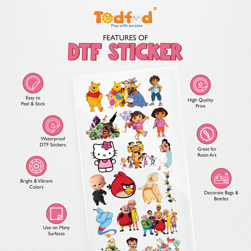 Todfod Cartoon Characters DTF Transfer Sticker Sheet | 4x11 Inch Premium Heat Transfer Vinyl for T-Shirts, Hoodies, Bags & DIY Fabric Printing