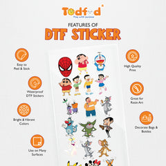 TodFod Cartoon Mix DTF Transfer Sticker Sheet | 4x11 Inch Premium Heat Transfer Film for T-Shirts, Hoodies, Bags & DIY Fabric Printing
