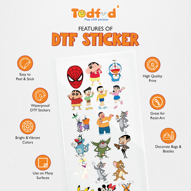 TodFod Cartoon Mix DTF Transfer Sticker Sheet | 4x11 Inch Premium Heat Transfer Film for T-Shirts, Hoodies, Bags & DIY Fabric Printing
