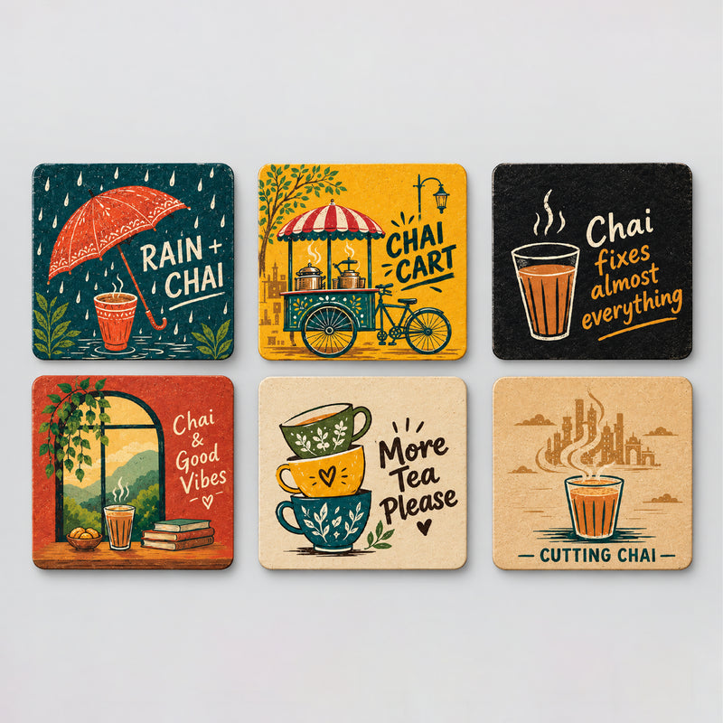 Todfod Chai Vibes Wooden Coasters Set of 6 – Indian Chai Theme Square Tea Cup Coasters for Home, Office & Gifting