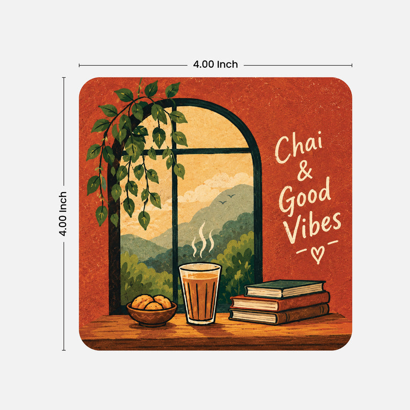 Todfod Chai Vibes Wooden Coasters Set of 6 – Indian Chai Theme Square Tea Cup Coasters for Home, Office & Gifting