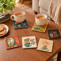 Todfod Chai Vibes Wooden Coasters Set of 6 – Indian Chai Theme Square Tea Cup Coasters for Home, Office & Gifting