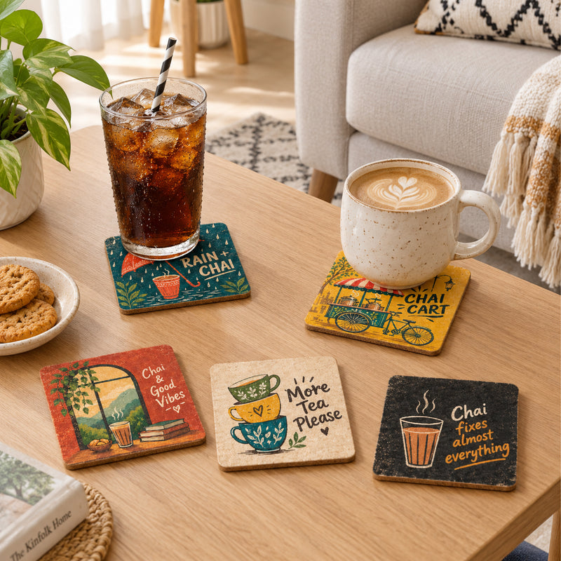 Todfod Chai Vibes Wooden Coasters Set of 6 – Indian Chai Theme Square Tea Cup Coasters for Home, Office & Gifting