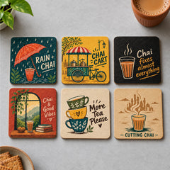 Todfod Chai Vibes Wooden Coasters Set of 6 – Indian Chai Theme Square Tea Cup Coasters for Home, Office & Gifting