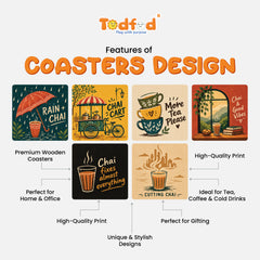 Todfod Chai Vibes Wooden Coasters Set of 6 – Indian Chai Theme Square Tea Cup Coasters for Home, Office & Gifting
