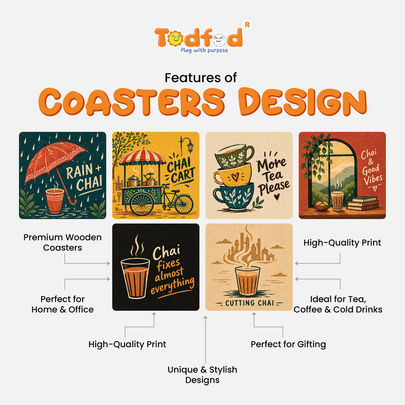 Todfod Chai Vibes Wooden Coasters Set of 6 – Indian Chai Theme Square Tea Cup Coasters for Home, Office & Gifting
