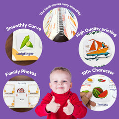 Child in a red sweater with educational book pages on a purple background