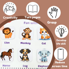 Educational children's book with animal illustrations and life skill icons on a brown background