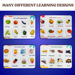 Educational posters with learning designs on fruits, vegetables, food, and vehicles on a blue background.