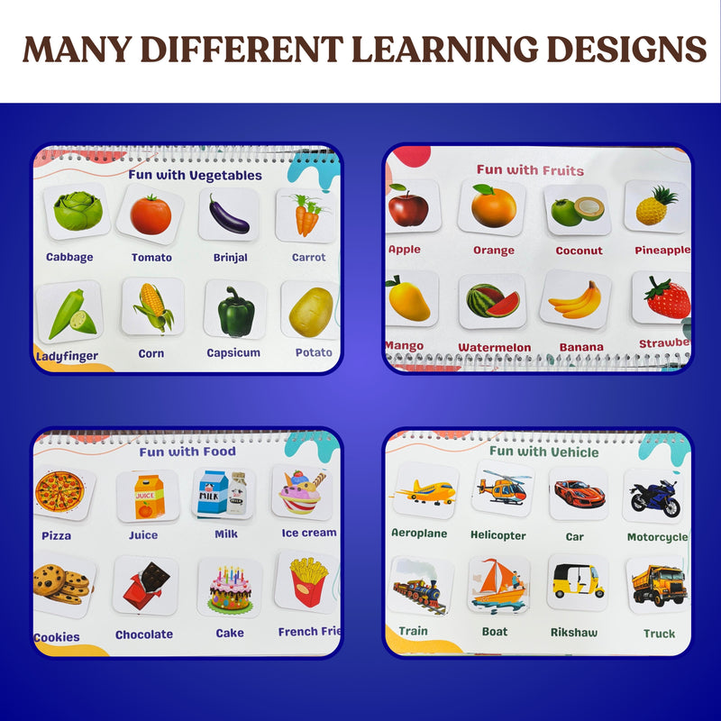 Educational posters with learning designs on fruits, vegetables, food, and vehicles on a blue background.
