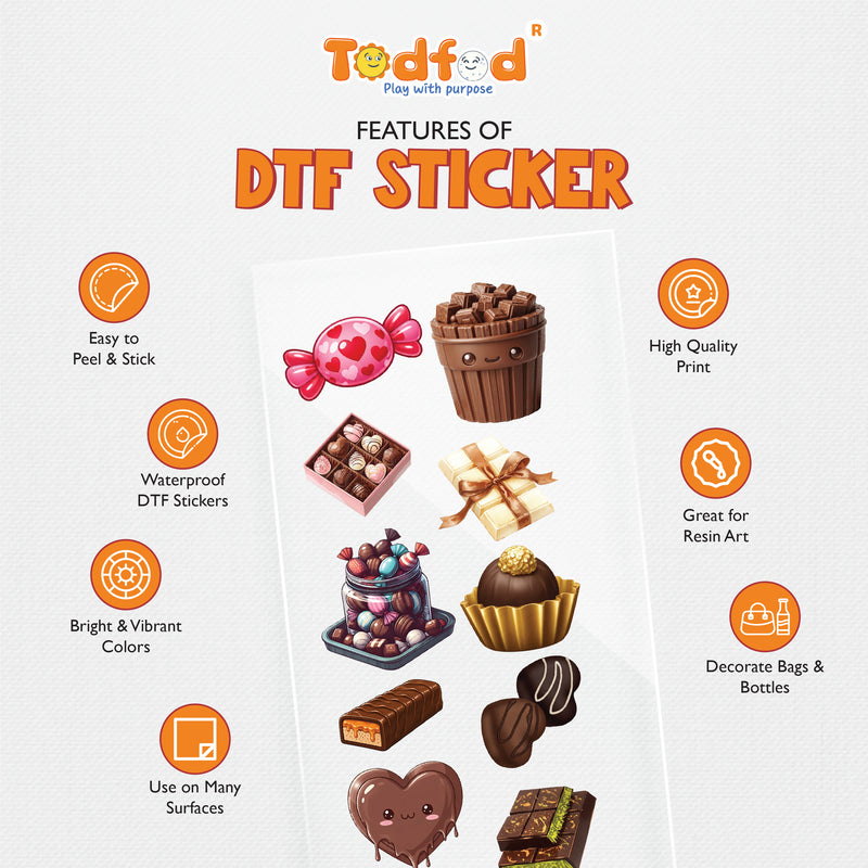 TodFod Chocolate DTF Heat Transfer Stickers for T-Shirts, Clothes & Fabric | Cute Chocolate & Sweet Treats Transfer Sheet 11 x 4 Inch for DIY Craft