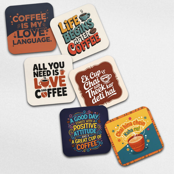 Smaran Coffee & Chai Quote Coasters Set of 6 | 4x4 Inch MDF Wooden Tea Coffee Coasters with Funny Printed Quotes | Reusable Table Drink Coasters for Home, Office, Café & Gifts