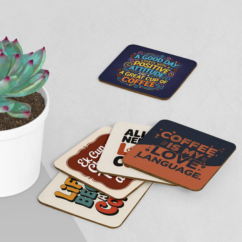 Smaran Coffee & Chai Quote Coasters Set of 6 | 4x4 Inch MDF Wooden Tea Coffee Coasters with Funny Printed Quotes | Reusable Table Drink Coasters for Home, Office, Café & Gifts