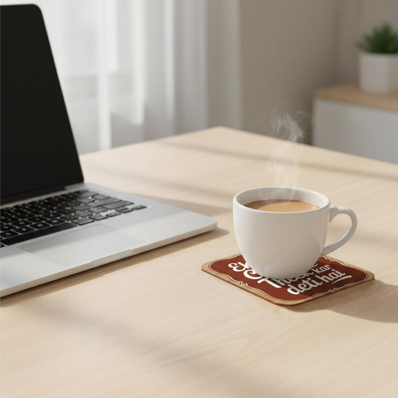 Smaran Coffee & Chai Quote Coasters Set of 6 | 4x4 Inch MDF Wooden Tea Coffee Coasters with Funny Printed Quotes | Reusable Table Drink Coasters for Home, Office, Café & Gifts