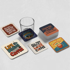 Smaran Coffee & Chai Quote Coasters Set of 6 | 4x4 Inch MDF Wooden Tea Coffee Coasters with Funny Printed Quotes | Reusable Table Drink Coasters for Home, Office, Café & Gifts