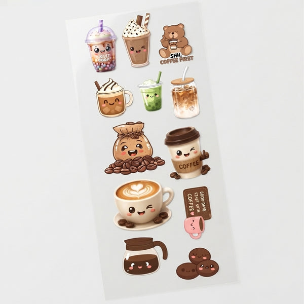 TodFod Coffee DTF Heat Transfer Stickers for T-Shirts, Clothes & Fabric | Cute Coffee & Beverage Transfer Sheet 11 x 4 Inch for DIY Craft