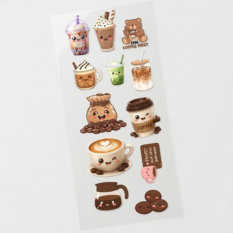 TodFod Coffee DTF Heat Transfer Stickers for T-Shirts, Clothes & Fabric | Cute Coffee & Beverage Transfer Sheet 11 x 4 Inch for DIY Craft
