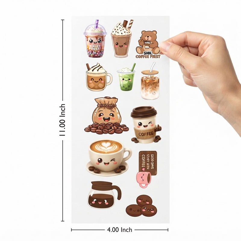 TodFod Coffee DTF Heat Transfer Stickers for T-Shirts, Clothes & Fabric | Cute Coffee & Beverage Transfer Sheet 11 x 4 Inch for DIY Craft