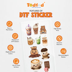 TodFod Coffee DTF Heat Transfer Stickers for T-Shirts, Clothes & Fabric | Cute Coffee & Beverage Transfer Sheet 11 x 4 Inch for DIY Craft