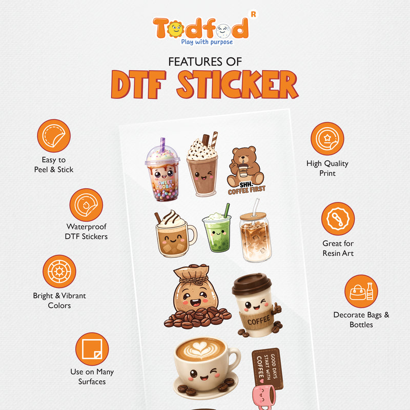TodFod Coffee DTF Heat Transfer Stickers for T-Shirts, Clothes & Fabric | Cute Coffee & Beverage Transfer Sheet 11 x 4 Inch for DIY Craft