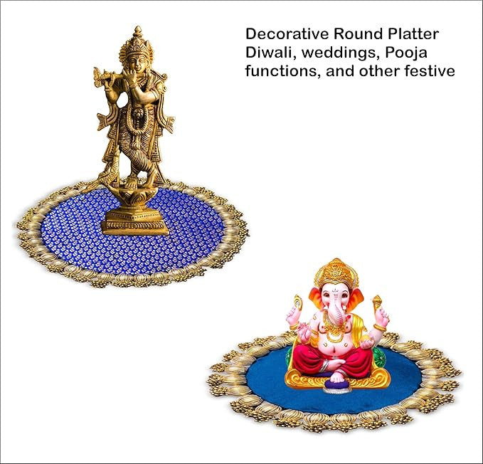 Decorative round platter with statues on a white background