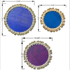 Three circular coasters with decorative edges and measurements on a white background