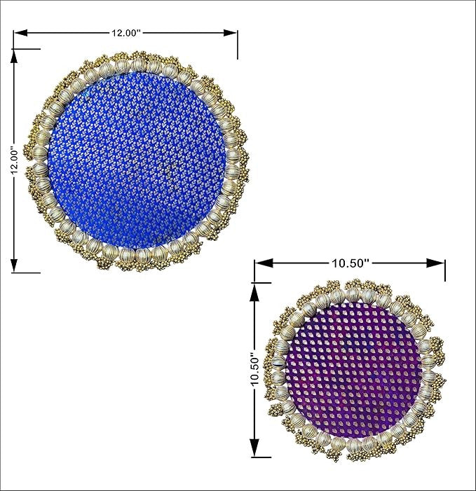 Two circular coasters with decorative edges and measurements on a white background