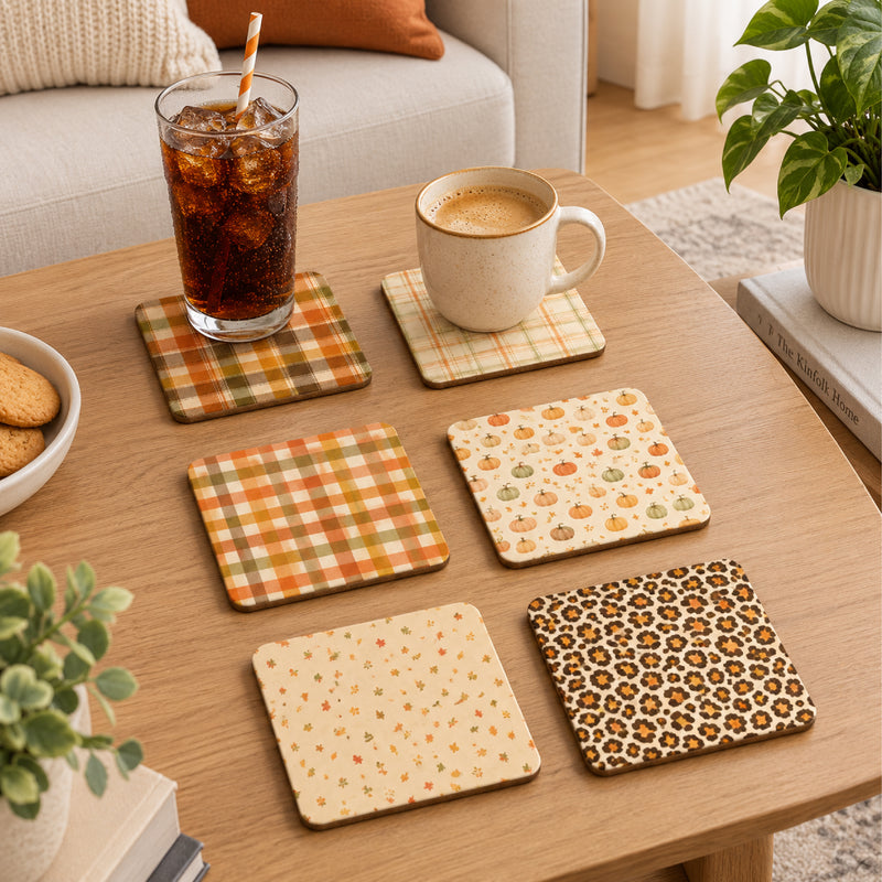 Todfod Cozy Fall Wooden Coasters Set of 6 – Autumn Printed Square Tea & Coffee Mug Coasters for Home & Office