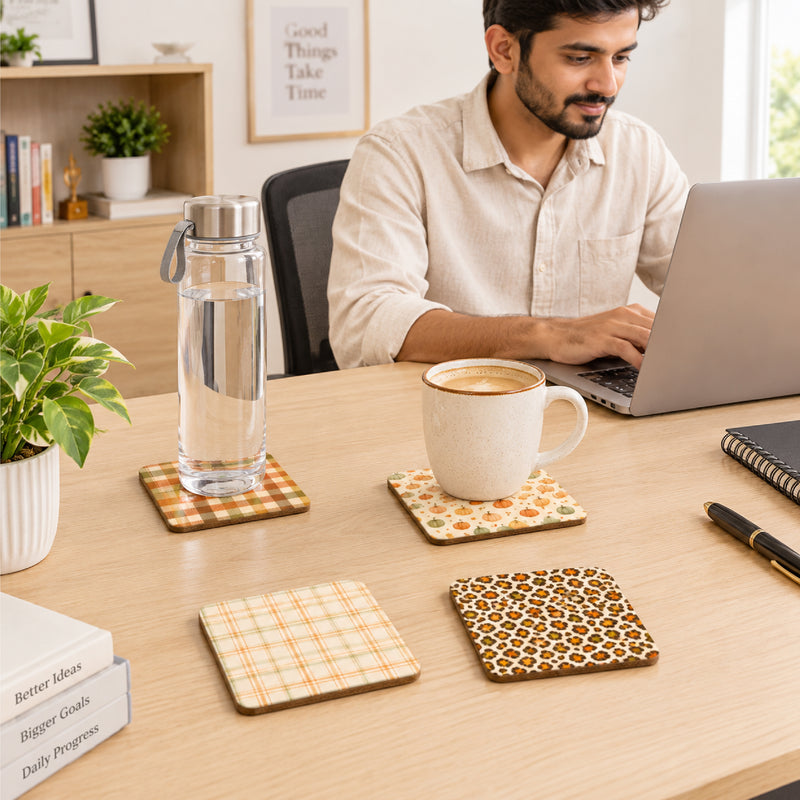Todfod Cozy Fall Wooden Coasters Set of 6 – Autumn Printed Square Tea & Coffee Mug Coasters for Home & Office