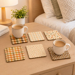Todfod Cozy Fall Wooden Coasters Set of 6 – Autumn Printed Square Tea & Coffee Mug Coasters for Home & Office