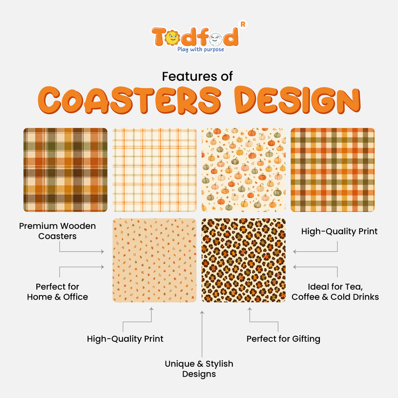 Todfod Cozy Fall Wooden Coasters Set of 6 – Autumn Printed Square Tea & Coffee Mug Coasters for Home & Office