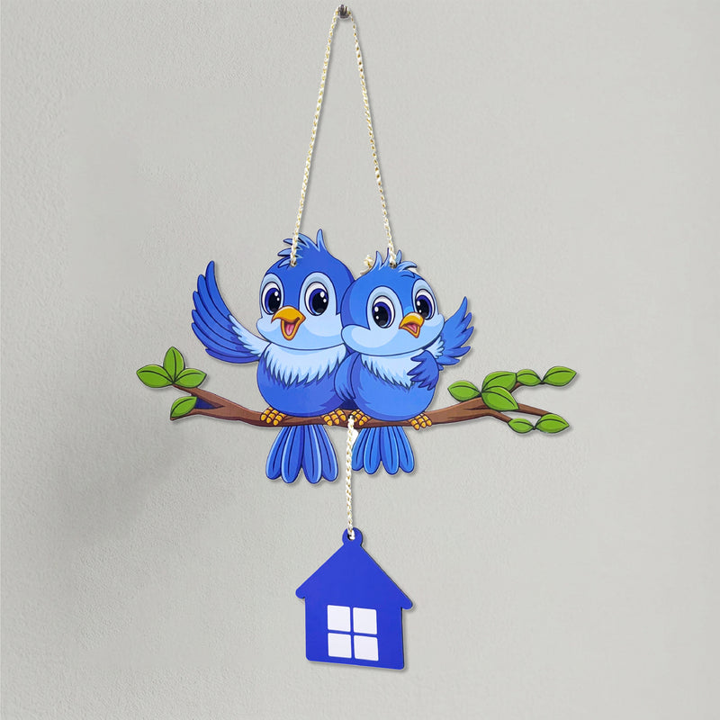 TodFod Cute Birds Wall Hanging Decor | 16 Inch Blue Birds on Branch with Hanging House MDF Wood Art