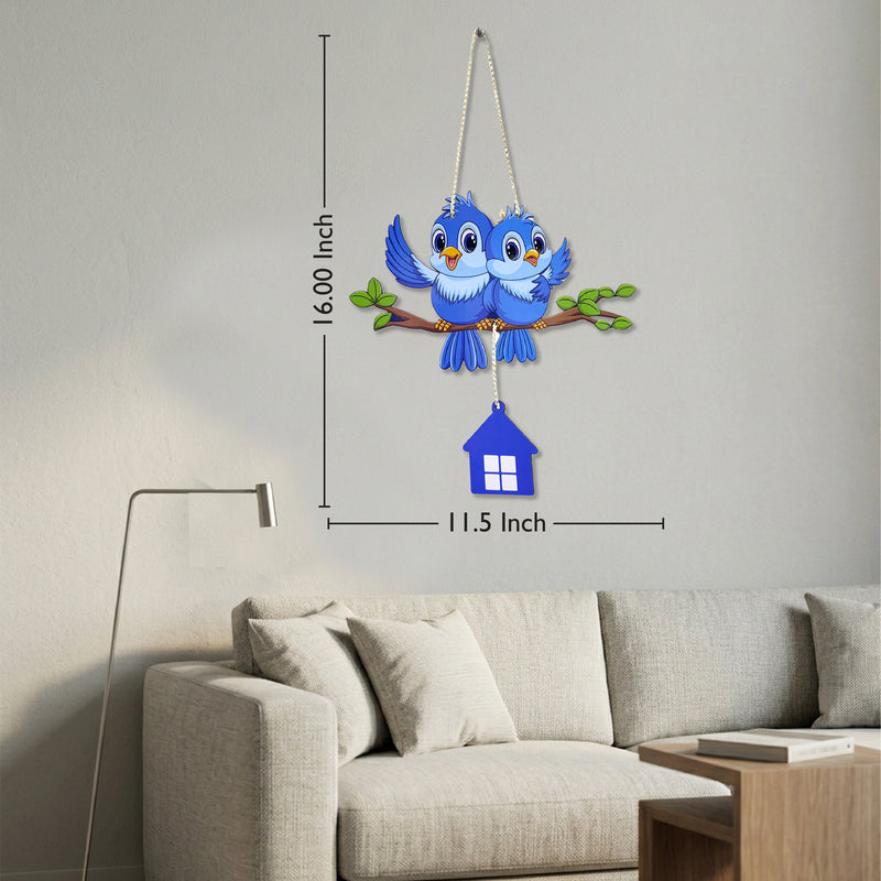 TodFod Cute Birds Wall Hanging Decor | 16 Inch Blue Birds on Branch with Hanging House MDF Wood Art