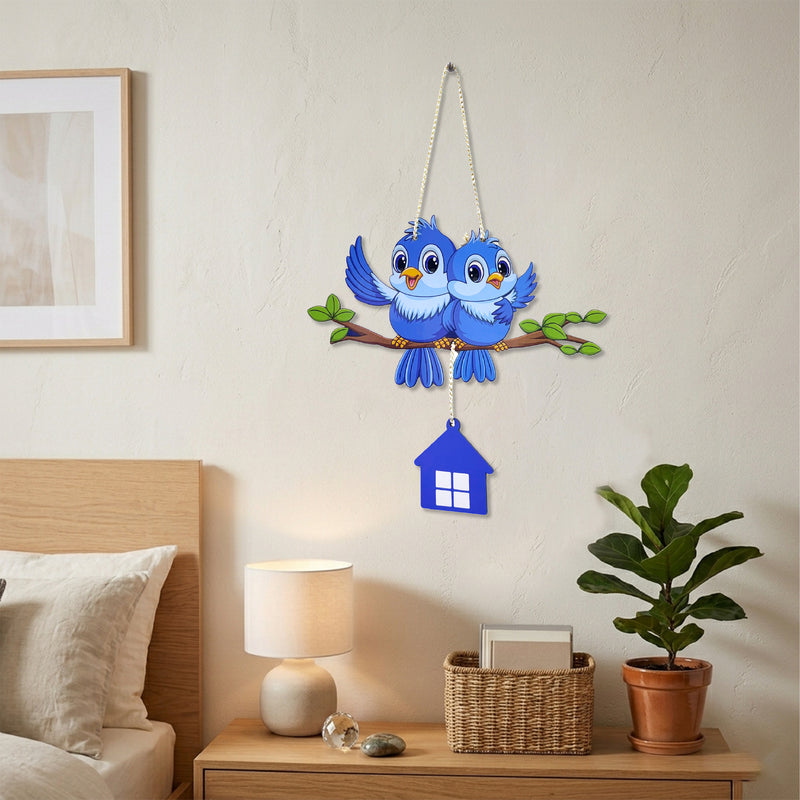 TodFod Cute Birds Wall Hanging Decor | 16 Inch Blue Birds on Branch with Hanging House MDF Wood Art