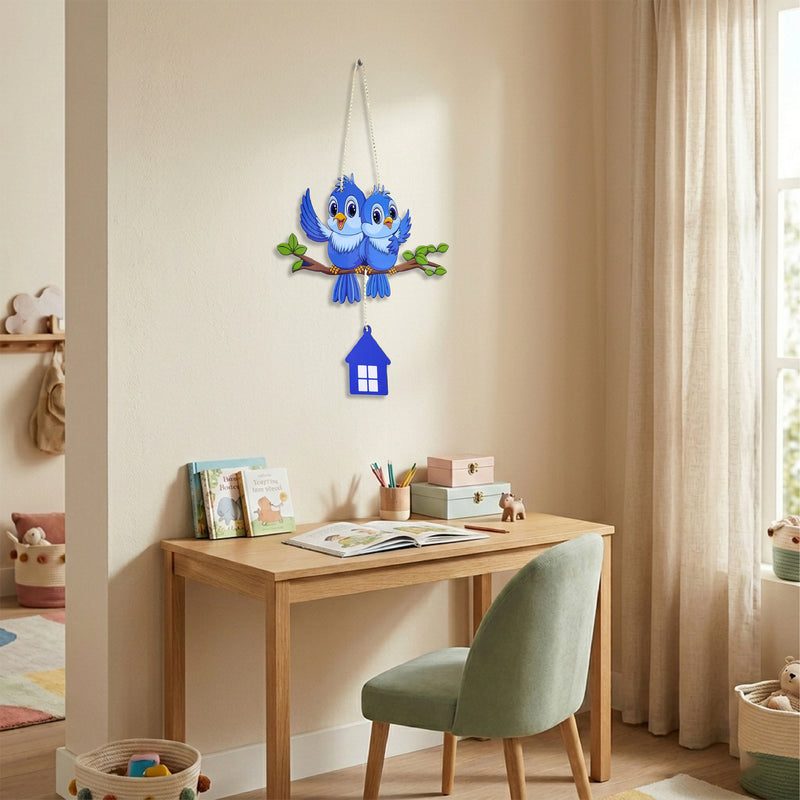 TodFod Cute Birds Wall Hanging Decor | 16 Inch Blue Birds on Branch with Hanging House MDF Wood Art