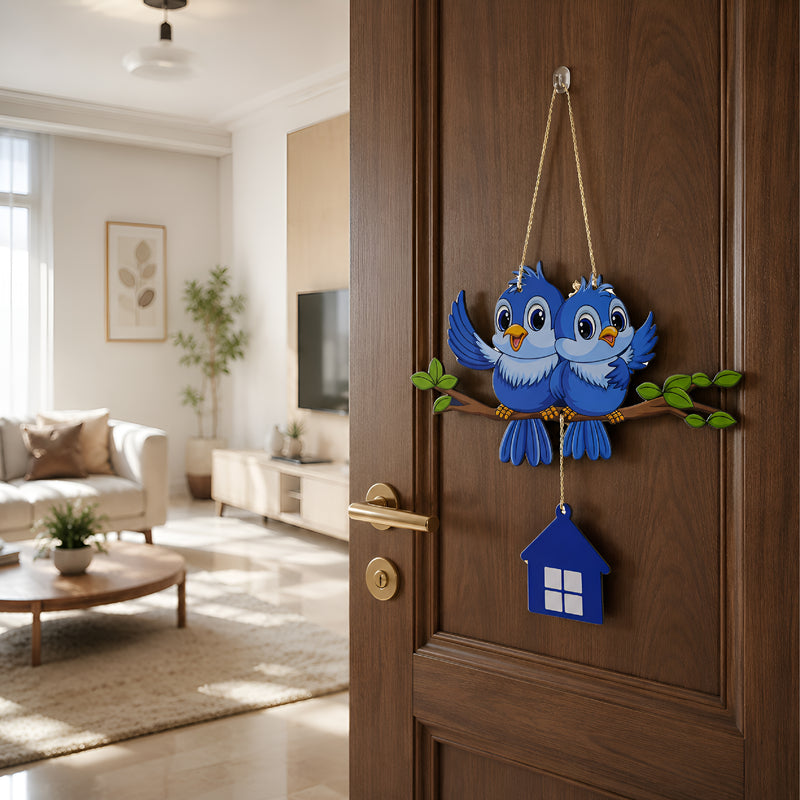 TodFod Cute Birds Wall Hanging Decor | 16 Inch Blue Birds on Branch with Hanging House MDF Wood Art