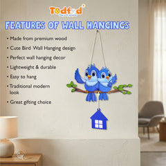 TodFod Cute Birds Wall Hanging Decor | 16 Inch Blue Birds on Branch with Hanging House MDF Wood Art